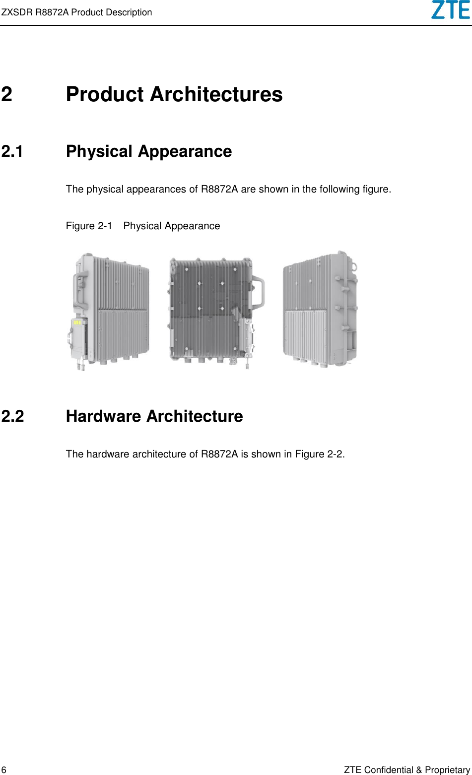 ZXSDR R8872A Product Description   6 ZTE Confidential &amp; Proprietary 2  Product Architectures 2.1  Physical Appearance The physical appearances of R8872A are shown in the following figure. Figure 2-1  Physical Appearance      2.2  Hardware Architecture The hardware architecture of R8872A is shown in Figure 2-2. 