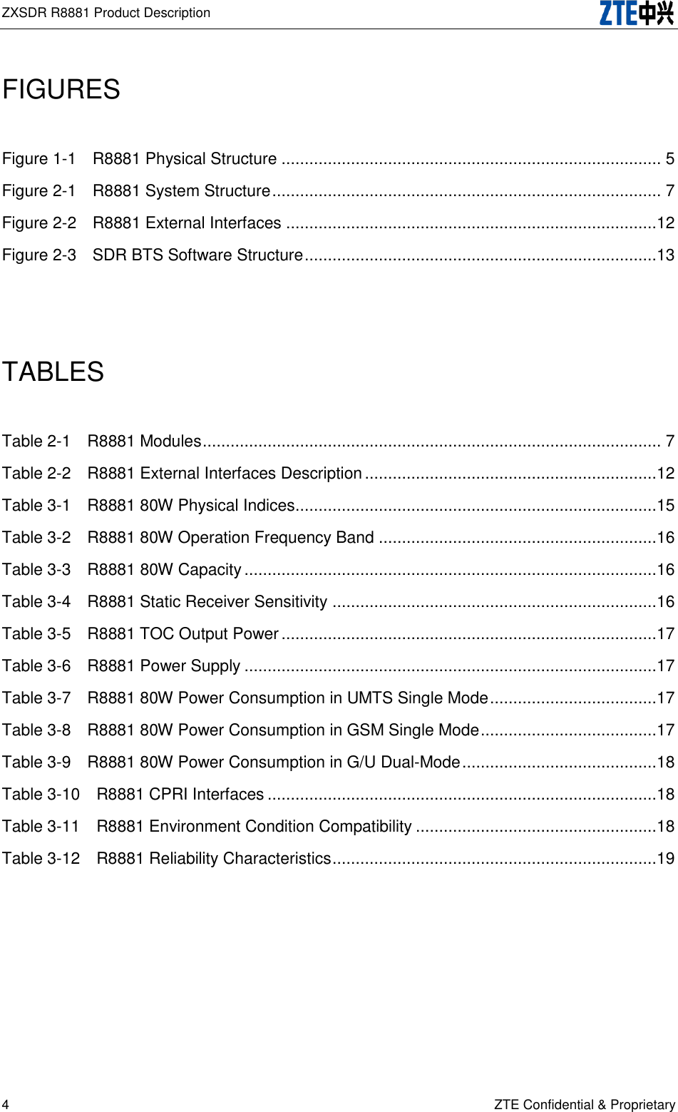 ZXSDR R8881 Product Description   4 ZTE Confidential &amp; Proprietary FIGURES Figure 1-1    R8881 Physical Structure .................................................................................. 5 Figure 2-1    R8881 System Structure .................................................................................... 7 Figure 2-2    R8881 External Interfaces ................................................................................12 Figure 2-3    SDR BTS Software Structure ............................................................................13  TABLES Table 2-1    R8881 Modules ................................................................................................... 7 Table 2-2    R8881 External Interfaces Description ...............................................................12 Table 3-1    R8881 80W Physical Indices..............................................................................15 Table 3-2    R8881 80W Operation Frequency Band ............................................................16 Table 3-3    R8881 80W Capacity .........................................................................................16 Table 3-4    R8881 Static Receiver Sensitivity ......................................................................16 Table 3-5    R8881 TOC Output Power .................................................................................17 Table 3-6    R8881 Power Supply .........................................................................................17 Table 3-7    R8881 80W Power Consumption in UMTS Single Mode ....................................17 Table 3-8    R8881 80W Power Consumption in GSM Single Mode ......................................17 Table 3-9    R8881 80W Power Consumption in G/U Dual-Mode ..........................................18 Table 3-10    R8881 CPRI Interfaces ....................................................................................18 Table 3-11    R8881 Environment Condition Compatibility ....................................................18 Table 3-12    R8881 Reliability Characteristics ......................................................................19   