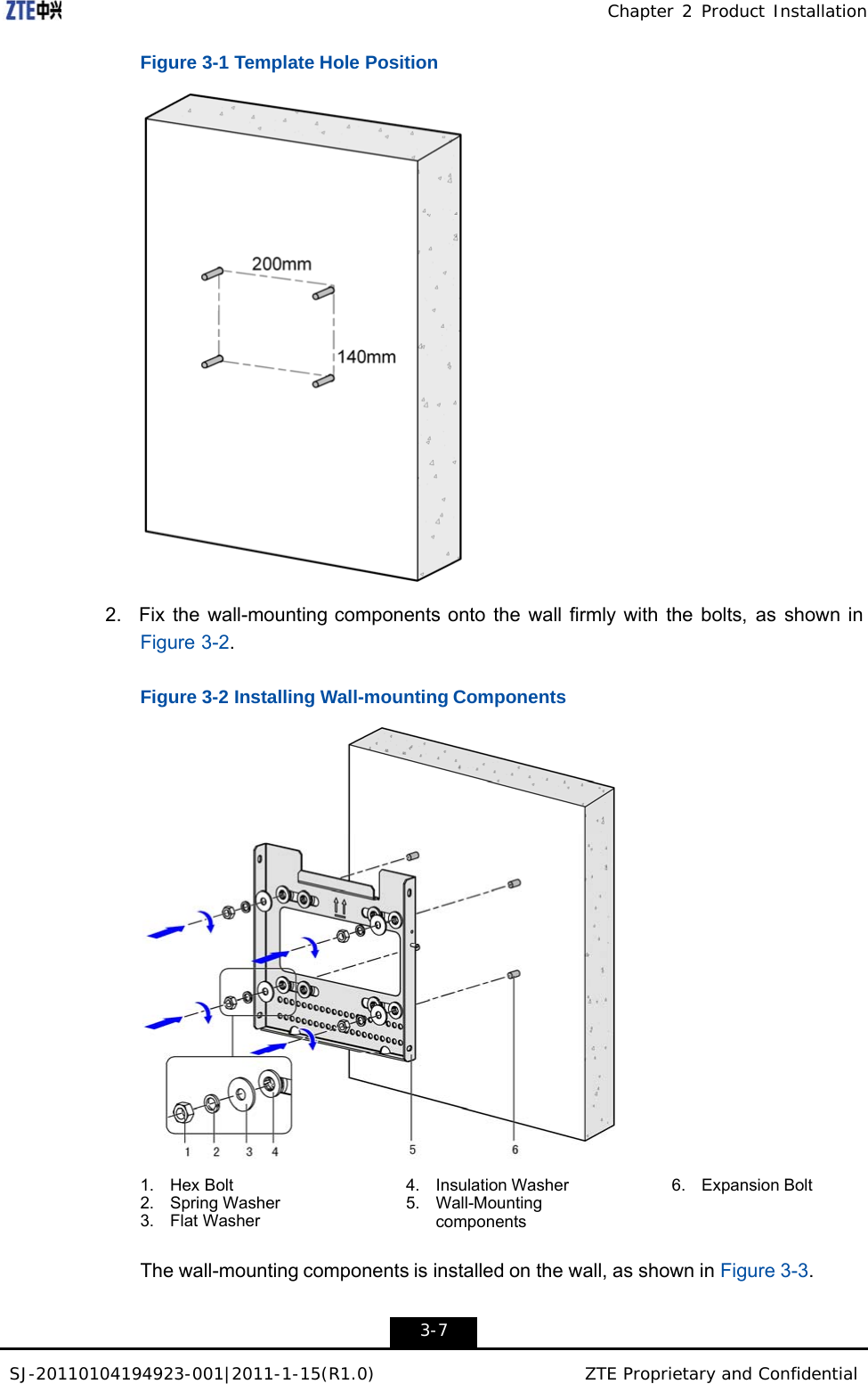 SJ-20110104194923-001|2011-1-15(R1.0) ZTE Proprietary and Confidential Chapter 2 Product Installation    Figure 3-1 Template Hole Position    2.  Fix the wall-mounting components onto the wall firmly with the bolts, as shown in Figure 3-2.   Figure 3-2 Installing Wall-mounting Components    1.    Hex Bolt 2.    Spring Washer 3.    Flat Washer 4.    Insulation Washer 5.    Wall-Mounting components 6.    Expansion Bolt  The wall-mounting components is installed on the wall, as shown in Figure 3-3.   3-7 