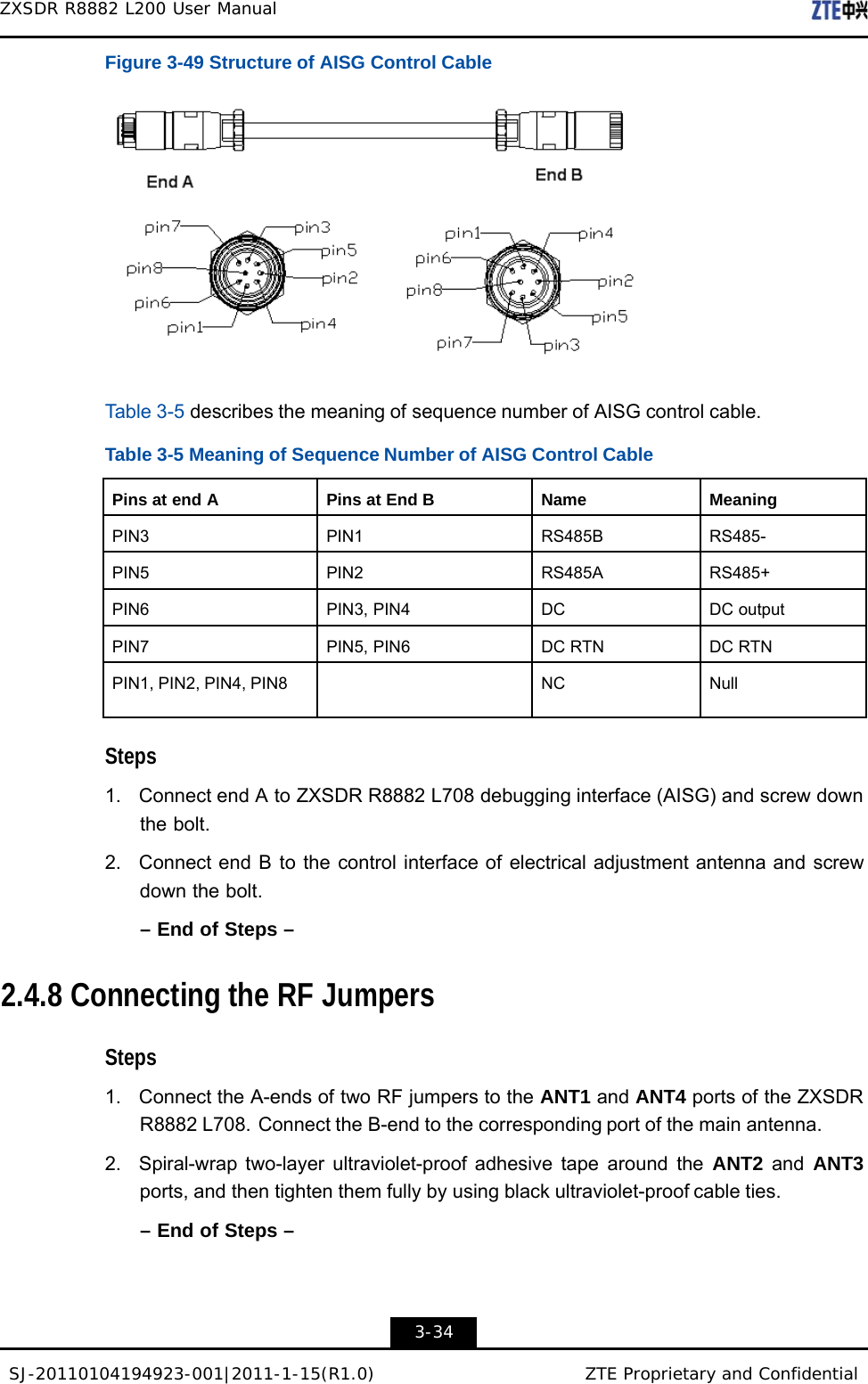 SJ-20110104194923-001|2011-1-15(R1.0) ZTE Proprietary and Confidential ZXSDR R8882 L200 User Manual    Figure 3-49 Structure of AISG Control Cable    Table 3-5 describes the meaning of sequence number of AISG control cable.  Table 3-5 Meaning of Sequence Number of AISG Control Cable   Pins at end A  Pins at End B Name  Meaning  PIN3  PIN1 RS485B  RS485-  PIN5  PIN2 RS485A  RS485+  PIN6  PIN3, PIN4 DC  DC output  PIN7  PIN5, PIN6 DC RTN  DC RTN  PIN1, PIN2, PIN4, PIN8  NC  Null  Steps  1.  Connect end A to ZXSDR R8882 L708 debugging interface (AISG) and screw down the bolt.  2.  Connect end B to the control interface of electrical adjustment antenna and screw down the bolt.  – End of Steps –   2.4.8 Connecting the RF Jumpers   Steps  1.  Connect the A-ends of two RF jumpers to the ANT1 and ANT4 ports of the ZXSDR R8882 L708. Connect the B-end to the corresponding port of the main antenna.  2.  Spiral-wrap two-layer ultraviolet-proof adhesive tape around the ANT2  and  ANT3 ports, and then tighten them fully by using black ultraviolet-proof cable ties.  – End of Steps –     3-34 