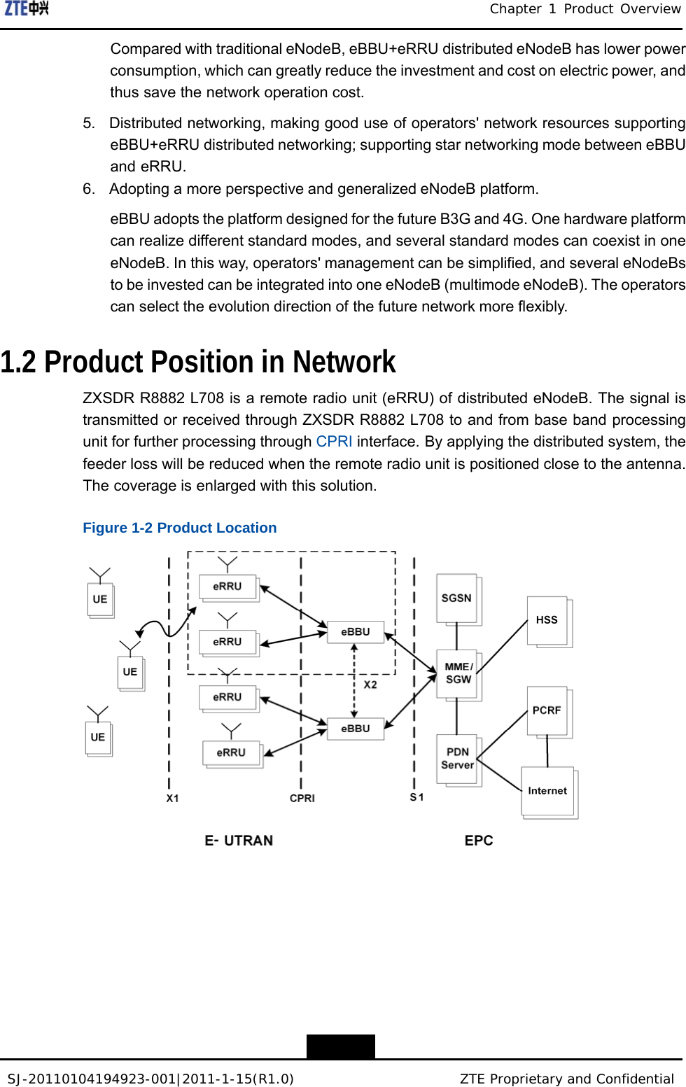 SJ-20110104194923-001|2011-1-15(R1.0) ZTE Proprietary and Confidential Chapter 1 Product Overview    Compared with traditional eNodeB, eBBU+eRRU distributed eNodeB has lower power consumption, which can greatly reduce the investment and cost on electric power, and thus save the network operation cost.  5.  Distributed networking, making good use of operators&apos; network resources supporting eBBU+eRRU distributed networking; supporting star networking mode between eBBU and eRRU. 6. Adopting a more perspective and generalized eNodeB platform.  eBBU adopts the platform designed for the future B3G and 4G. One hardware platform can realize different standard modes, and several standard modes can coexist in one eNodeB. In this way, operators&apos; management can be simplified, and several eNodeBs to be invested can be integrated into one eNodeB (multimode eNodeB). The operators can select the evolution direction of the future network more flexibly.   1.2 Product Position in Network  ZXSDR R8882 L708 is a remote radio unit (eRRU) of distributed eNodeB. The signal is transmitted or received through ZXSDR R8882 L708 to and from base band processing unit for further processing through CPRI interface. By applying the distributed system, the feeder loss will be reduced when the remote radio unit is positioned close to the antenna. The coverage is enlarged with this solution.  Figure 1-2 Product Location       1-3 