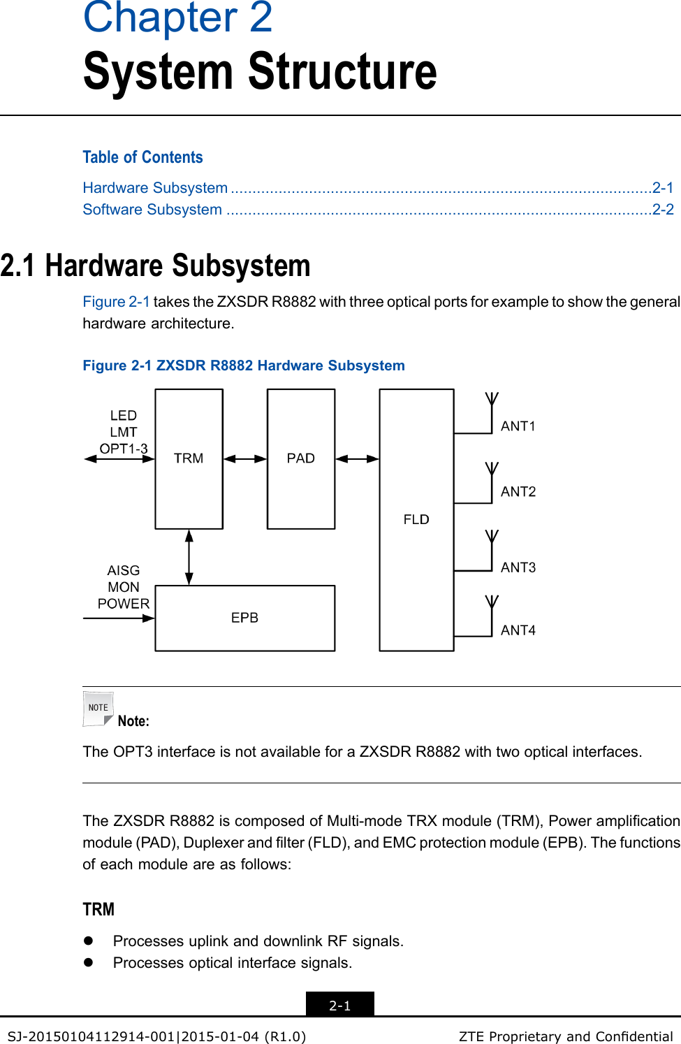 Chapter2SystemStructureTableofContentsHardwareSubsystem.................................................................................................2-1SoftwareSubsystem..................................................................................................2-22.1HardwareSubsystemFigure2-1takestheZXSDRR8882withthreeopticalportsforexampletoshowthegeneralhardwarearchitecture.Figure2-1ZXSDRR8882HardwareSubsystemNote:TheOPT3interfaceisnotavailableforaZXSDRR8882withtwoopticalinterfaces.TheZXSDRR8882iscomposedofMulti-modeTRXmodule(TRM),Poweramplicationmodule(PAD),Duplexerandlter(FLD),andEMCprotectionmodule(EPB).Thefunctionsofeachmoduleareasfollows:TRMlProcessesuplinkanddownlinkRFsignals.lProcessesopticalinterfacesignals.2-1SJ-20150104112914-001|2015-01-04(R1.0)ZTEProprietaryandCondential