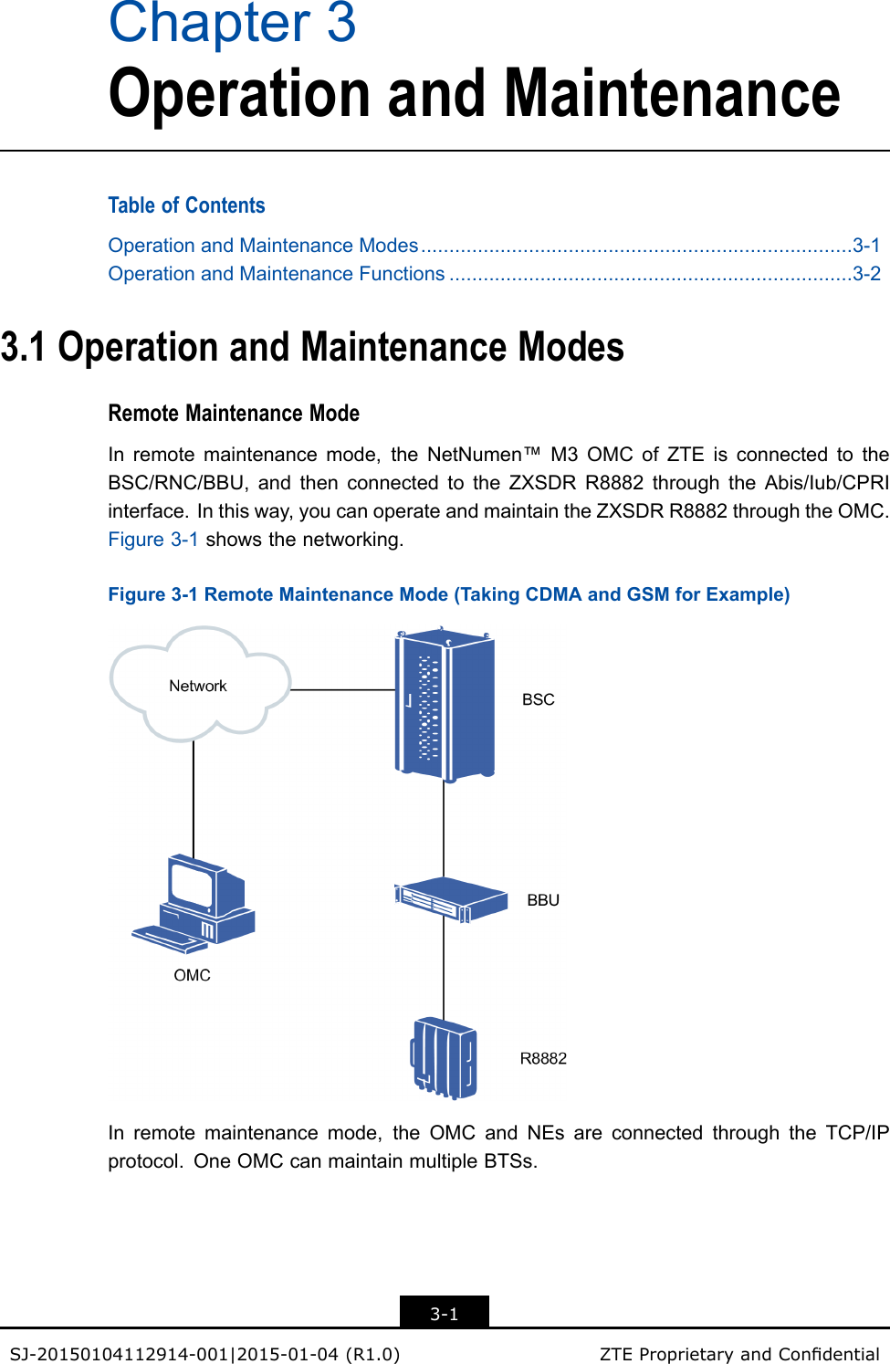 Chapter3OperationandMaintenanceTableofContentsOperationandMaintenanceModes............................................................................3-1OperationandMaintenanceFunctions.......................................................................3-23.1OperationandMaintenanceModesRemoteMaintenanceModeInremotemaintenancemode,theNetNumen™M3OMCofZTEisconnectedtotheBSC/RNC/BBU,andthenconnectedtotheZXSDRR8882throughtheAbis/Iub/CPRIinterface.Inthisway,youcanoperateandmaintaintheZXSDRR8882throughtheOMC.Figure3-1showsthenetworking.Figure3-1RemoteMaintenanceMode(TakingCDMAandGSMforExample)Inremotemaintenancemode,theOMCandNEsareconnectedthroughtheTCP/IPprotocol.OneOMCcanmaintainmultipleBTSs.3-1SJ-20150104112914-001|2015-01-04(R1.0)ZTEProprietaryandCondential