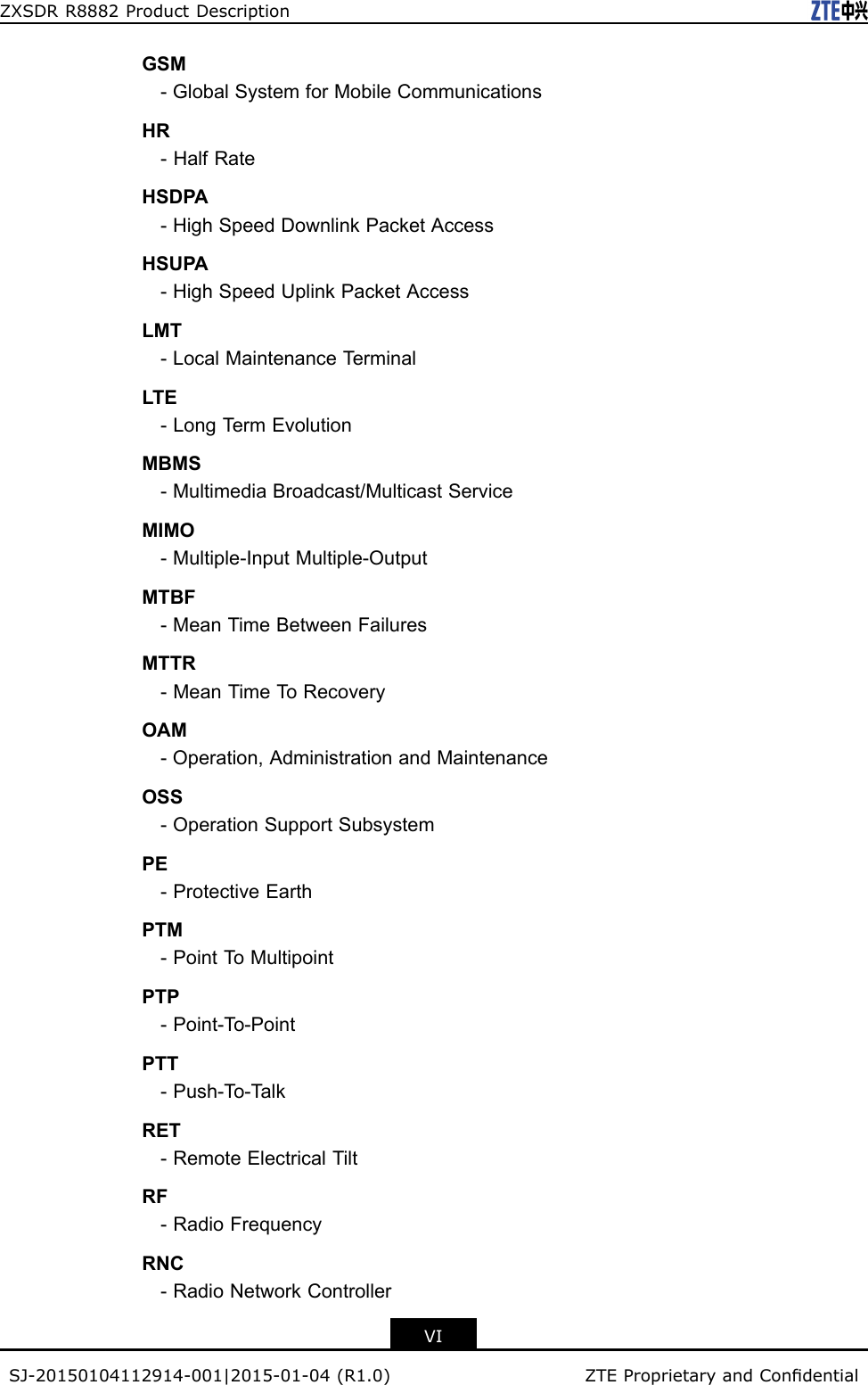 ZXSDRR8882ProductDescriptionGSM-GlobalSystemforMobileCommunicationsHR-HalfRateHSDPA-HighSpeedDownlinkPacketAccessHSUPA-HighSpeedUplinkPacketAccessLMT-LocalMaintenanceTerminalLTE-LongTermEvolutionMBMS-MultimediaBroadcast/MulticastServiceMIMO-Multiple-InputMultiple-OutputMTBF-MeanTimeBetweenFailuresMTTR-MeanTimeT oRecoveryOAM-Operation,AdministrationandMaintenanceOSS-OperationSupportSubsystemPE-ProtectiveEarthPTM-PointToMultipointPTP-Point-T o-PointPTT-Push-T o-T alkRET-RemoteElectricalTiltRF-RadioFrequencyRNC-RadioNetworkControllerVISJ-20150104112914-001|2015-01-04(R1.0)ZTEProprietaryandCondential
