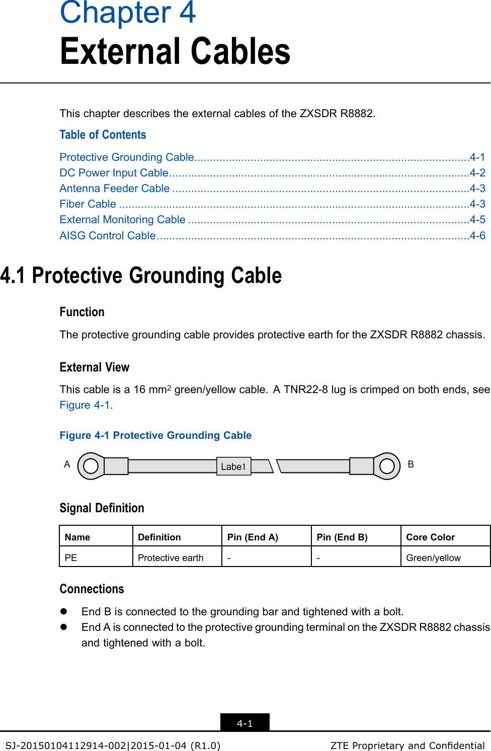 Chapter4ExternalCablesThischapterdescribestheexternalcablesoftheZXSDRR8882.TableofContentsProtectiveGroundingCable........................................................................................4-1DCPowerInputCable................................................................................................4-2AntennaFeederCable...............................................................................................4-3FiberCable................................................................................................................4-3ExternalMonitoringCable..........................................................................................4-5AISGControlCable....................................................................................................4-64.1ProtectiveGroundingCableFunctionTheprotectivegroundingcableprovidesprotectiveearthfortheZXSDRR8882chassis.ExternalViewThiscableisa16mm2green/yellowcable.ATNR22-8lugiscrimpedonbothends,seeFigure4-1.Figure4-1ProtectiveGroundingCableSignalDenitionNameDenitionPin(EndA)Pin(EndB)CoreColorPEProtectiveearth--Green/yellowConnectionslEndBisconnectedtothegroundingbarandtightenedwithabolt.lEndAisconnectedtotheprotectivegroundingterminalontheZXSDRR8882chassisandtightenedwithabolt.4-1SJ-20150104112914-002|2015-01-04(R1.0)ZTEProprietaryandCondential