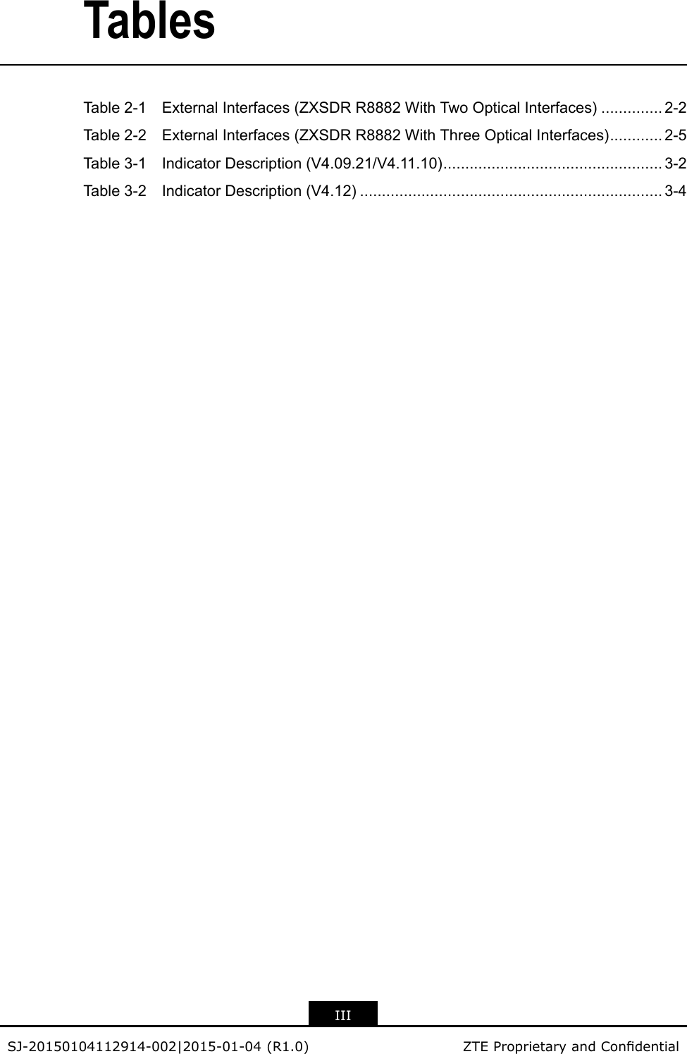 TablesTable2-1ExternalInterfaces(ZXSDRR8882WithTwoOpticalInterfaces)..............2-2Table2-2ExternalInterfaces(ZXSDRR8882WithThreeOpticalInterfaces)............2-5Table3-1IndicatorDescription(V4.09.21/V4.11.10)..................................................3-2Table3-2IndicatorDescription(V4.12).....................................................................3-4IIISJ-20150104112914-002|2015-01-04(R1.0)ZTEProprietaryandCondential