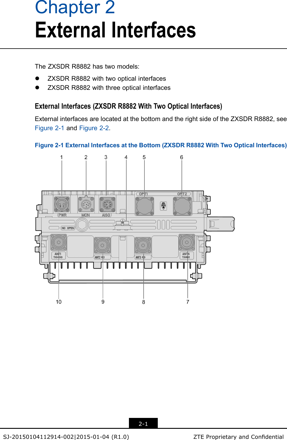 Chapter2ExternalInterfacesTheZXSDRR8882hastwomodels:lZXSDRR8882withtwoopticalinterfaceslZXSDRR8882withthreeopticalinterfacesExternalInterfaces(ZXSDRR8882WithTwoOpticalInterfaces)ExternalinterfacesarelocatedatthebottomandtherightsideoftheZXSDRR8882,seeFigure2-1andFigure2-2.Figure2-1ExternalInterfacesattheBottom(ZXSDRR8882WithTwoOpticalInterfaces)2-1SJ-20150104112914-002|2015-01-04(R1.0)ZTEProprietaryandCondential