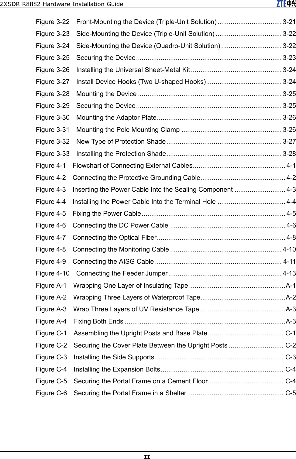 ZXSDRR8882HardwareInstallationGuideFigure3-22Front-MountingtheDevice(Triple-UnitSolution)..................................3-21Figure3-23Side-MountingtheDevice(Triple-UnitSolution)...................................3-22Figure3-24Side-MountingtheDevice(Quadro-UnitSolution)................................3-22Figure3-25SecuringtheDevice.............................................................................3-23Figure3-26InstallingtheUniversalSheet-MetalKit................................................3-24Figure3-27InstallDeviceHooks(TwoU-shapedHooks)........................................3-24Figure3-28MountingtheDevice............................................................................3-25Figure3-29SecuringtheDevice.............................................................................3-25Figure3-30MountingtheAdaptorPlate..................................................................3-26Figure3-31MountingthePoleMountingClamp.....................................................3-26Figure3-32NewTypeofProtectionShade.............................................................3-27Figure3-33InstallingtheProtectionShade.............................................................3-28Figure4-1FlowchartofConnectingExternalCables.................................................4-1Figure4-2ConnectingtheProtectiveGroundingCable.............................................4-2Figure4-3InsertingthePowerCableIntotheSealingComponent...........................4-3Figure4-4InstallingthePowerCableIntotheTerminalHole....................................4-4Figure4-5FixingthePowerCable............................................................................4-5Figure4-6ConnectingtheDCPowerCable.............................................................4-6Figure4-7ConnectingtheOpticalFiber....................................................................4-8Figure4-8ConnectingtheMonitoringCable...........................................................4-10Figure4-9ConnectingtheAISGCable...................................................................4-11Figure4-10ConnectingtheFeederJumper............................................................4-13FigureA-1WrappingOneLayerofInsulatingTape...................................................A-1FigureA-2WrappingThreeLayersofWaterproofT ape.............................................A-2FigureA-3WrapThreeLayersofUVResistanceTape.............................................A-3FigureA-4FixingBothEnds.....................................................................................A-3FigureC-1AssemblingtheUprightPostsandBasePlate........................................C-1FigureC-2SecuringtheCoverPlateBetweentheUprightPosts.............................C-2FigureC-3InstallingtheSideSupports....................................................................C-3FigureC-4InstallingtheExpansionBolts.................................................................C-4FigureC-5SecuringthePortalFrameonaCementFloor........................................C-4FigureC-6SecuringthePortalFrameinaShelter...................................................C-5II