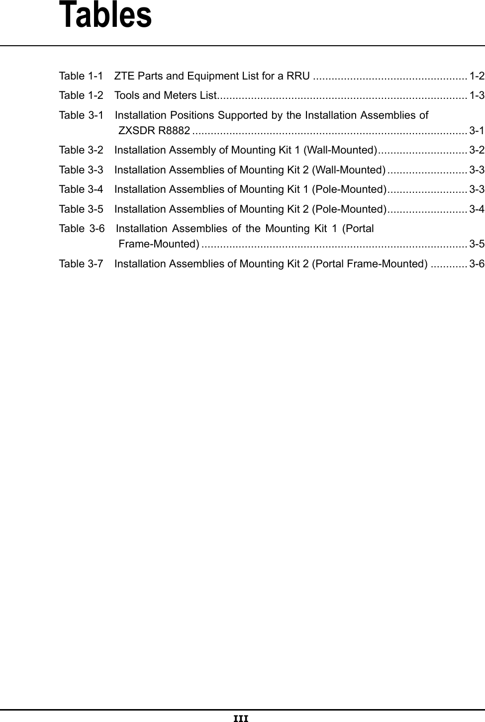 TablesTable1-1ZTEPartsandEquipmentListforaRRU..................................................1-2Table1-2T oolsandMetersList.................................................................................1-3Table3-1InstallationPositionsSupportedbytheInstallationAssembliesofZXSDRR8882.........................................................................................3-1Table3-2InstallationAssemblyofMountingKit1(Wall-Mounted).............................3-2Table3-3InstallationAssembliesofMountingKit2(Wall-Mounted)..........................3-3Table3-4InstallationAssembliesofMountingKit1(Pole-Mounted)..........................3-3Table3-5InstallationAssembliesofMountingKit2(Pole-Mounted)..........................3-4Table3-6InstallationAssembliesoftheMountingKit1(PortalFrame-Mounted)......................................................................................3-5Table3-7InstallationAssembliesofMountingKit2(PortalFrame-Mounted)............3-6III