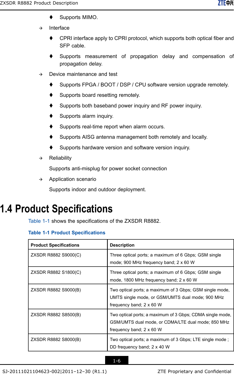 ZXSDRR8882ProductDescriptiontSupportsMIMO.àInterfacetCPRIinterfaceapplytoCPRIprotocol,whichsupportsbothopticalberandSFPcable.tSupportsmeasurementofpropagationdelayandcompensationofpropagationdelay.àDevicemaintenanceandtesttSupportsFPGA/BOOT/DSP/CPUsoftwareversionupgraderemotely.tSupportsboardresettingremotely.tSupportsbothbasebandpowerinquiryandRFpowerinquiry.tSupportsalarminquiry.tSupportsreal-timereportwhenalarmoccurs.tSupportsAISGantennamanagementbothremotelyandlocally.tSupportshardwareversionandsoftwareversioninquiry.àReliabilitySupportsanti-misplugforpowersocketconnectionàApplicationscenarioSupportsindoorandoutdoordeployment.1.4ProductSpecicationsTable1-1showsthespecicationsoftheZXSDRR8882.Table1-1ProductSpecicationsProductSpecicationsDescriptionZXSDRR8882S9000(C)Threeopticalports;amaximumof6Gbps;GSMsinglemode;900MHzfrequencyband;2x60WZXSDRR8882S1800(C)Threeopticalports;amaximumof6Gbps;GSMsinglemode,1800MHzfrequencyband;2x60WZXSDRR8882S9000(B)Twoopticalports;amaximumof3Gbps;GSMsinglemode,UMTSsinglemode,orGSM/UMTSdualmode;900MHzfrequencyband;2x60WZXSDRR8882S8500(B)Twoopticalports;amaximumof3Gbps;CDMAsinglemode,GSM/UMTSdualmode,orCDMA/LTEdualmode;850MHzfrequencyband;2x60WZXSDRR8882S8000(B)Twoopticalports;amaximumof3Gbps;LTEsinglemode;DDfrequencyband;2x40W1-6SJ-20111021104623-002|2011–12–30(R1.1)ZTEProprietaryandCondential