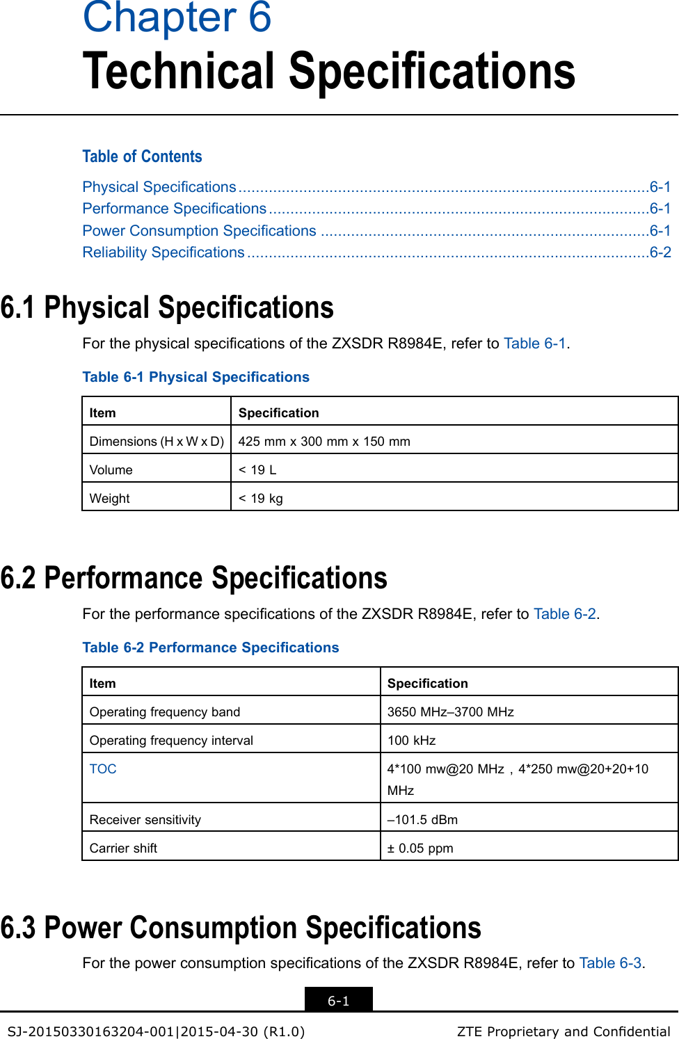 Chapter6TechnicalSpecicationsTableofContentsPhysicalSpecications...............................................................................................6-1PerformanceSpecications........................................................................................6-1PowerConsumptionSpecications............................................................................6-1ReliabilitySpecications.............................................................................................6-26.1PhysicalSpecicationsForthephysicalspecicationsoftheZXSDRR8984E,refertoT able6-1.Table6-1PhysicalSpecicationsItemSpecicationDimensions(HxWxD)425mmx300mmx150mmVolume&lt;19LWeight&lt;19kg6.2PerformanceSpecicationsFortheperformancespecicationsoftheZXSDRR8984E,refertoTable6-2.Table6-2PerformanceSpecicationsItemSpecicationOperatingfrequencyband3650MHz–3700MHzOperatingfrequencyinterval100kHzTOC4*100mw@20MHz，4*250mw@20+20+10MHzReceiversensitivity–101.5dBmCarriershift±0.05ppm6.3PowerConsumptionSpecicationsForthepowerconsumptionspecicationsoftheZXSDRR8984E,refertoT able6-3.6-1SJ-20150330163204-001|2015-04-30(R1.0)ZTEProprietaryandCondential