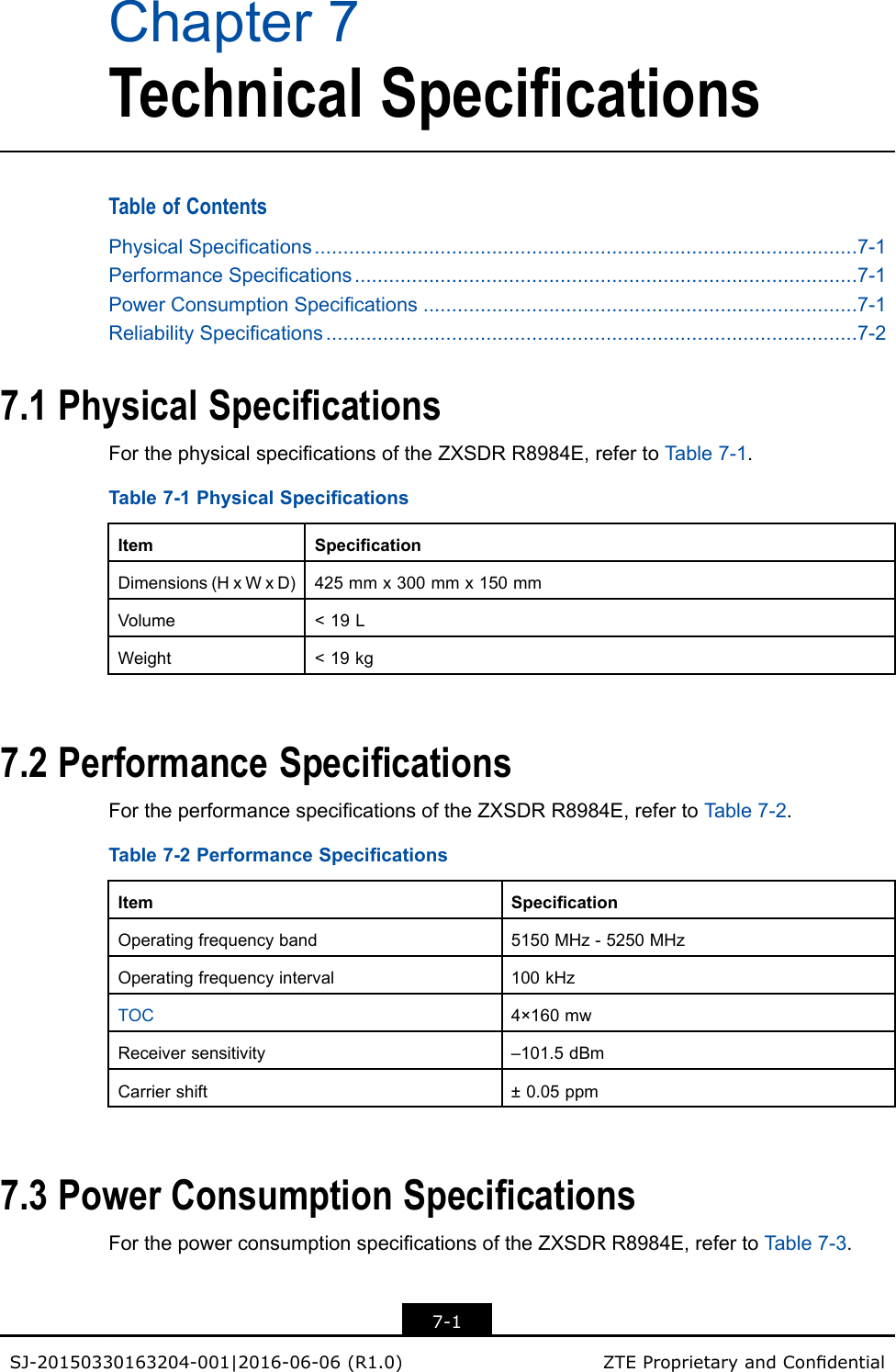 Chapter7TechnicalSpecicationsTableofContentsPhysicalSpecications...............................................................................................7-1PerformanceSpecications........................................................................................7-1PowerConsumptionSpecications............................................................................7-1ReliabilitySpecications.............................................................................................7-27.1PhysicalSpecicationsForthephysicalspecicationsoftheZXSDRR8984E,refertoT able7-1.Table7-1PhysicalSpecicationsItemSpecicationDimensions(HxWxD)425mmx300mmx150mmVolume&lt;19LWeight&lt;19kg7.2PerformanceSpecicationsFortheperformancespecicationsoftheZXSDRR8984E,refertoTable7-2.Table7-2PerformanceSpecicationsItemSpecicationOperatingfrequencyband5150MHz-5250MHzOperatingfrequencyinterval100kHzTOC4×160mwReceiversensitivity–101.5dBmCarriershift±0.05ppm7.3PowerConsumptionSpecicationsForthepowerconsumptionspecicationsoftheZXSDRR8984E,refertoT able7-3.7-1SJ-20150330163204-001|2016-06-06(R1.0)ZTEProprietaryandCondential
