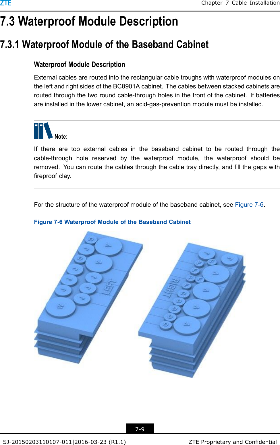 Chapter7CableInstallation7.3WaterproofModuleDescription7.3.1WaterproofModuleoftheBasebandCabinetWaterproofModuleDescriptionExternalcablesareroutedintotherectangularcabletroughswithwaterproofmodulesontheleftandrightsidesoftheBC8901Acabinet.Thecablesbetweenstackedcabinetsareroutedthroughthetworoundcable-throughholesinthefrontofthecabinet.Ifbatteriesareinstalledinthelowercabinet,anacid-gas-preventionmodulemustbeinstalled.Note:Iftherearetooexternalcablesinthebasebandcabinettoberoutedthroughthecable-throughholereservedbythewaterproofmodule,thewaterproofshouldberemoved.Youcanroutethecablesthroughthecabletraydirectly,andllthegapswithreproofclay.Forthestructureofthewaterproofmoduleofthebasebandcabinet,seeFigure7-6.Figure7-6WaterproofModuleoftheBasebandCabinet7-9SJ-20150203110107-011|2016-03-23(R1.1)ZTEProprietaryandCondential