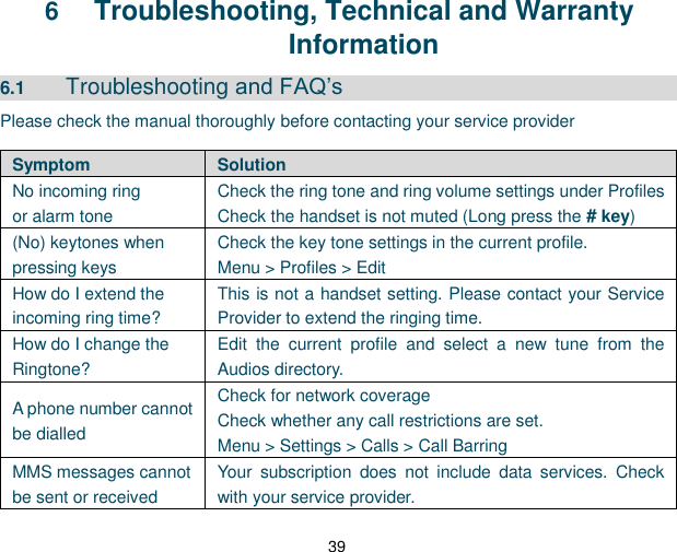 39   6  Troubleshooting, Technical and Warranty Information 6.1  Troubleshooting and FAQ‟s Please check the manual thoroughly before contacting your service provider Symptom Solution No incoming ring   or alarm tone Check the ring tone and ring volume settings under Profiles Check the handset is not muted (Long press the # key) (No) keytones when pressing keys Check the key tone settings in the current profile. Menu &gt; Profiles &gt; Edit How do I extend the   incoming ring time? This is not a handset setting. Please contact your Service Provider to extend the ringing time. How do I change the Ringtone? Edit  the  current  profile  and  select  a  new  tune  from  the Audios directory. A phone number cannot be dialled Check for network coverage Check whether any call restrictions are set. Menu &gt; Settings &gt; Calls &gt; Call Barring MMS messages cannot be sent or received Your  subscription  does  not  include  data  services.  Check with your service provider. 