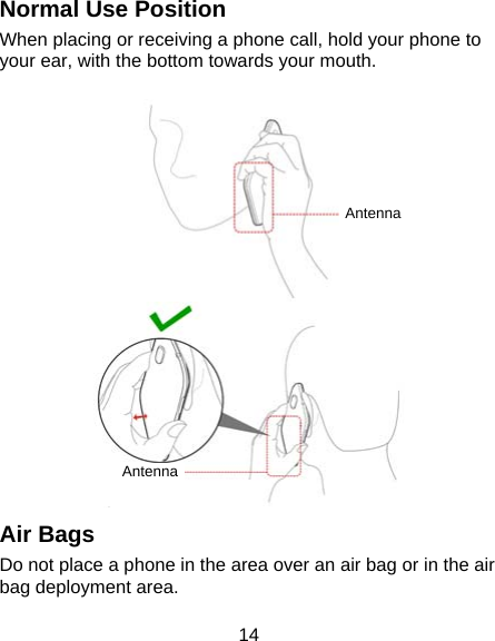 14 Normal Use Position When placing or receiving a phone call, hold your phone to your ear, with the bottom towards your mouth.   Air Bags Do not place a phone in the area over an air bag or in the air bag deployment area. AntennaAntenna 