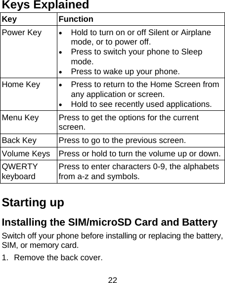 22 Keys Explained   Key Function Power Key   Hold to turn on or off Silent or Airplane mode, or to power off.  Press to switch your phone to Sleep mode.  Press to wake up your phone. Home Key   Press to return to the Home Screen from any application or screen.  Hold to see recently used applications. Menu Key  Press to get the options for the current screen. Back Key  Press to go to the previous screen. Volume Keys  Press or hold to turn the volume up or down.QWERTY keyboard  Press to enter characters 0-9, the alphabets from a-z and symbols.  Starting up Installing the SIM/microSD Card and Battery Switch off your phone before installing or replacing the battery, SIM, or memory card.   1.  Remove the back cover. 