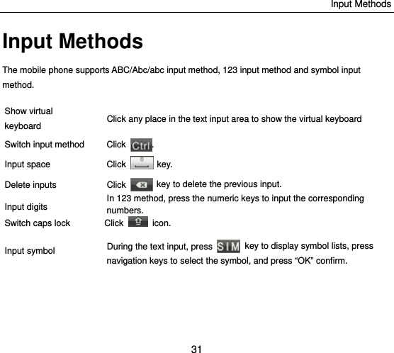 Input Methods 31 Input Methods The mobile phone supports ABC/Abc/abc input method, 123 input method and symbol input method. Show virtual keyboard  Click any place in the text input area to show the virtual keyboard Switch input method    Click  . Input space    Click   key. Delete inputs  Click   key to delete the previous input.   Input digits  In 123 method, press the numeric keys to input the corresponding numbers.  Switch caps lock  Click   icon. Input symbol  During the text input, press   key to display symbol lists, press navigation keys to select the symbol, and press “OK” confirm.      