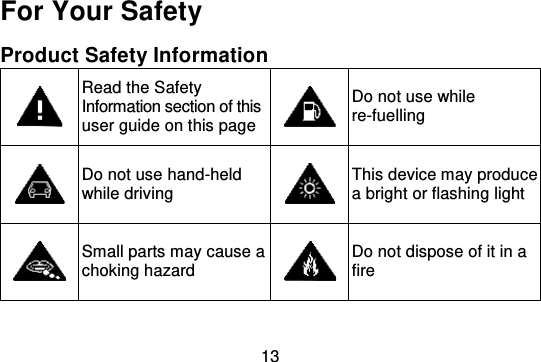13For Your SafetyProduct Safety InformationRead the SafetyInformation section of thisuser guide on this pageDo not use whilere-fuellingDo not use hand-heldwhile drivingThis device may producea bright or flashing lightSmall parts may cause achoking hazardDo not dispose of it in afire
