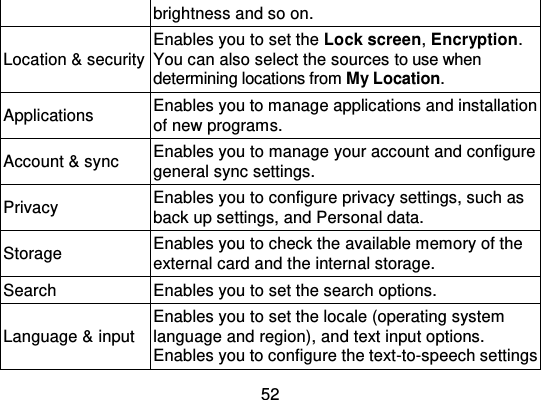 52brightness and so on.Location &amp; securityEnables you to set the Lock screen,Encryption.You can also select the sources to use whendetermining locations from My Location.ApplicationsEnables you to manage applications and installationof new programs.Account &amp; syncEnables you to manage your account and configuregeneral sync settings.PrivacyEnables you to configure privacy settings, such asback up settings, and Personal data.StorageEnables you to check the available memory of theexternal card and the internal storage.SearchEnables you to set the search options.Language &amp; inputEnables you to set the locale (operating systemlanguage and region), and text input options.Enables you to configure the text -to-speech settings