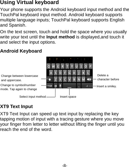  -8- Using Virtual keyboard Your phone supports the Android keyboard input method and the TouchPal keyboard input method. Android keyboard supports multiple language inputs; TouchPal keyboard supports English and Spanish. On the text screen, touch and hold the space where you usually write your text until the Input method is displayed,and touch it and select the input options.   Android Keyboard  XT9 Text Input XT9 Text Input can speed up text input by replacing the key tapping motion of input with a tracing gesture where you move your finger from letter to letter without lifting the finger until you reach the end of the word. Delete a character before Insert a smiley. Change between lowercase and uppercase. Change to symbol/number mode. Tap again to change Select input method Insert space
