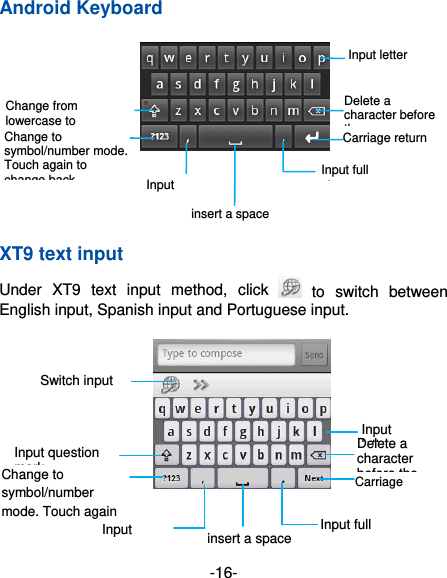  -16- Android Keyboard XT9 text input Under  XT9  text  input  method,  click    to  switch  between English input, Spanish input and Portuguese input.         Input letter insert a space Carriage return Input full stop Input comma Change to symbol/number mode. Touch again to change back. Delete a character before the cursor Switch input method Input letter Change to symbol/number mode. Touch again to change back. Delete a character before the cursor. Carriage return insert a space Input comma Input full stop Input question mark  Change from lowercase to uppercase.  