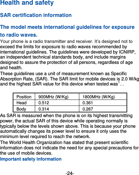  -24- Health and safety SAR certification information The model meets international guidelines for exposure to radio waves.   Your phone is a radio transmitter and receiver. It’s designed not to exceed the limits for exposure to radio waves recommended by international guidelines. The guidelines were developed by ICNIRP, an independent technical standards body, and include margins designed to assure the protection of all persons, regardless of age and health. These guidelines use a unit of measurement known as Specific Absorption Rate, (SAR). The SAR limit for mobile devices is 2.0 W/kg and the highest SAR value for this device when tested was1…    Position 900MHz (W/Kg) 1800MHz (W/Kg) Head 0.512 0.361 Body 0.314 0.267 As SAR is measured when the phone is on its highest transmitting power, the actual SAR of this device while operating normally is typically below the levels shown above. This is because your phone automatically changes its power level to ensure it only uses the minimum level required to reach the network. The World Health Organization has stated that present scientific information does not indicate the need for any special precautions for the use of mobile devices. Important safety information 