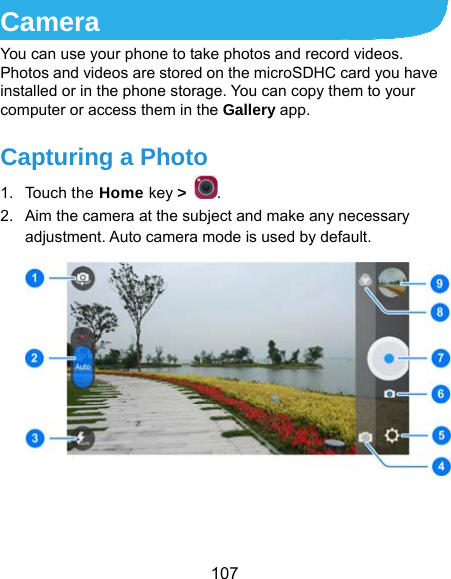  107 Camera You can use your phone to take photos and record videos. Photos and videos are stored on the microSDHC card you have installed or in the phone storage. You can copy them to your computer or access them in the Gallery app. Capturing a Photo 1. Touch the Home key &gt;  . 2.  Aim the camera at the subject and make any necessary adjustment. Auto camera mode is used by default.    