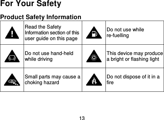 13For Your SafetyProduct Safety InformationRead the SafetyInformation section of thisuser guide on this pageDo not use whilere-fuellingDo not use hand-heldwhile drivingThis device may producea bright or flashing lightSmall parts may cause achoking hazardDo not dispose of it in afire