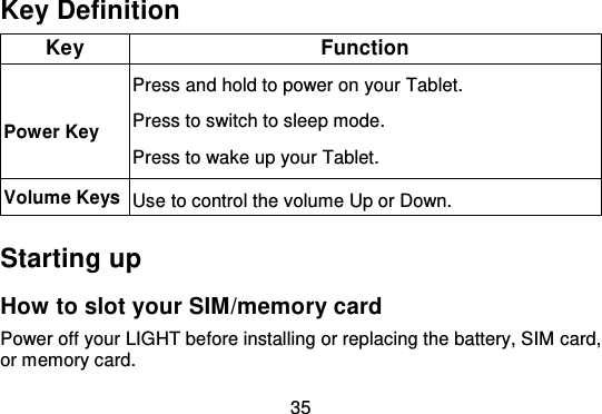35Key DefinitionKeyFunctionPower KeyPress and hold to power on your Tablet.Press to switch to sleep mode.Press to wake up your Tablet.Volume KeysUse to control the volume Up or Down.Starting upHow to slot your SIM/memory cardPower off your LIGHT before installing or replacing the battery, SIM card,or memory card.