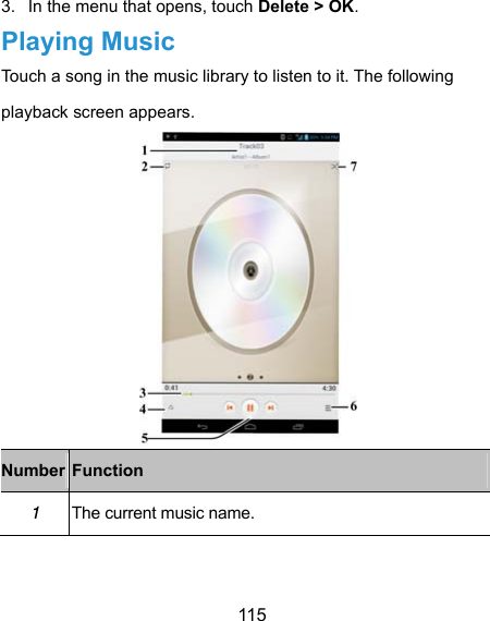  115 3.  In the menu that opens, touch Delete &gt; OK. Playing Music Touch a song in the music library to listen to it. The following playback screen appears.  Number Function 1  The current music name. 