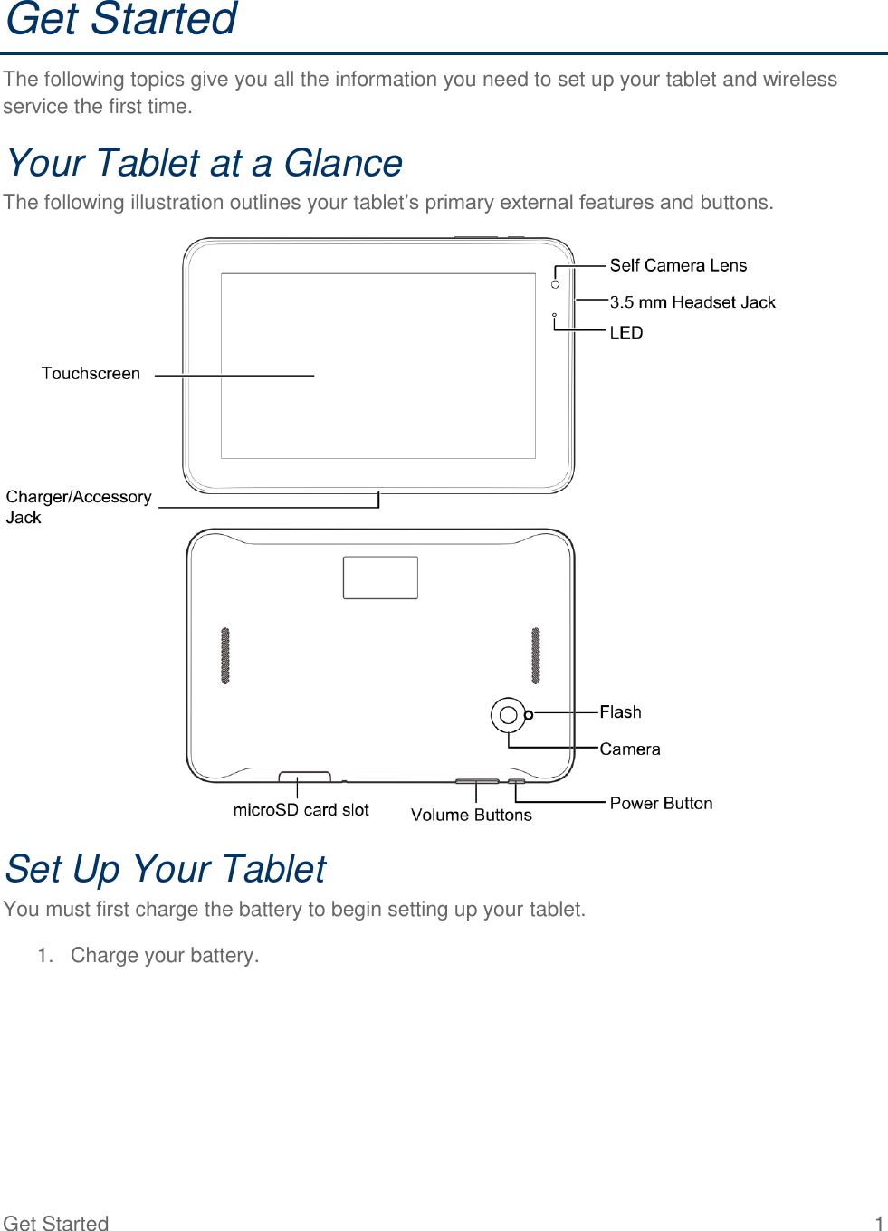  Get Started  1 Get Started The following topics give you all the information you need to set up your tablet and wireless service the first time. Your Tablet at a Glance The following illustration outlines your tablet’s primary external features and buttons.  Set Up Your Tablet You must first charge the battery to begin setting up your tablet. 1.  Charge your battery. 