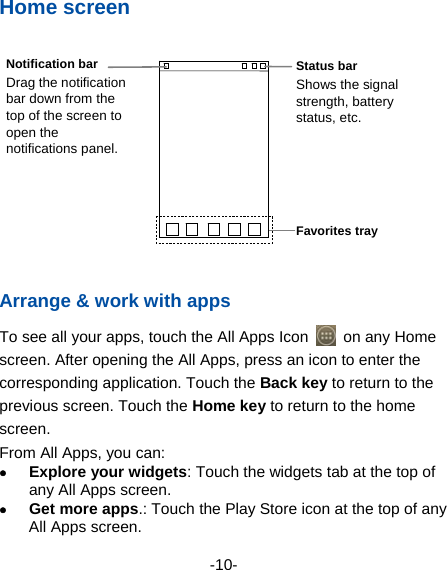  -10- Home screen  Arrange &amp; work with apps To see all your apps, touch the All Apps Icon   on any Home screen. After opening the All Apps, press an icon to enter the corresponding application. Touch the Back key to return to the previous screen. Touch the Home key to return to the home screen. From All Apps, you can:  Explore your widgets: Touch the widgets tab at the top of any All Apps screen.   Get more apps.: Touch the Play Store icon at the top of any All Apps screen. Favorites trayStatus bar Shows the signal strength, battery status, etc. Notification bar Drag the notificationbar down from the top of the screen to open the notifications panel.