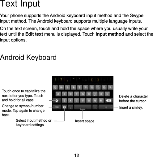  12 Text Input Your phone supports the Android keyboard input method and the Swype input method. The Android keyboard supports multiple language inputs. On the text screen, touch and hold the space where you usually write your text until the Edit text menu is displayed. Touch Input method and select the input options.   Android Keyboard    Delete a character before the cursor.Insert a smiley.Change to symbol/number mode. Tap again to change back. Insert spaceTouch once to capitalize the next letter you type. Touch and hold for all caps. Select input method or keyboard settings 