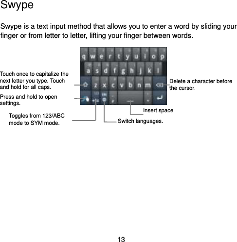  13 Swype Swype is a text input method that allows you to enter a word by sliding your finger or from letter to letter, lifting your finger between words.            Insert spacePress and hold to open settings. Toggles from 123/ABC mode to SYM mode. Delete a character before the cursor. Touch once to capitalize the next letter you type. Touch and hold for all caps. Switch languages.