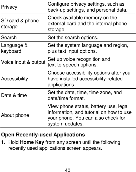 40 Privacy Configure privacy settings, such as back-up settings, and personal data. SD card &amp; phone storage Check available memory on the external card and the internal phone storage. Search Set the search options. Language &amp; keyboard Set the system language and region, plus text input options. Voice input &amp; output Set up voice recognition and text-to-speech options. Accessibility Choose accessibility options after you have installed accessibility-related applications. Date &amp; time Set the date, time, time zone, and date/time format.   About phone View phone status, battery use, legal information, and tutorial on how to use your phone. You can also check for system updates.  Open Recently-used Applications 1.  Hold Home Key from any screen until the following recently used applications screen appears. 