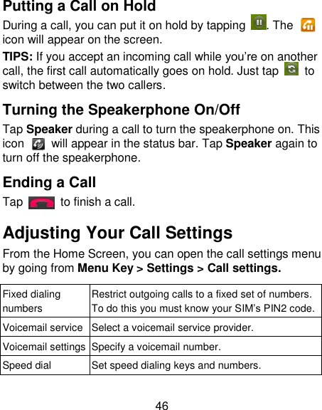 46 Putting a Call on Hold During a call, you can put it on hold by tapping  . The   icon will appear on the screen. TIPS: If you accept an incoming call while you‘re on another call, the first call automatically goes on hold. Just tap   to switch between the two callers. Turning the Speakerphone On/Off Tap Speaker during a call to turn the speakerphone on. This icon    will appear in the status bar. Tap Speaker again to turn off the speakerphone.   Ending a Call Tap    to finish a call. Adjusting Your Call Settings From the Home Screen, you can open the call settings menu by going from Menu Key &gt; Settings &gt; Call settings.   Fixed dialing numbers Restrict outgoing calls to a fixed set of numbers. To do this you must know your SIM‘s PIN2 code. Voicemail service Select a voicemail service provider. Voicemail settings Specify a voicemail number. Speed dial Set speed dialing keys and numbers. 