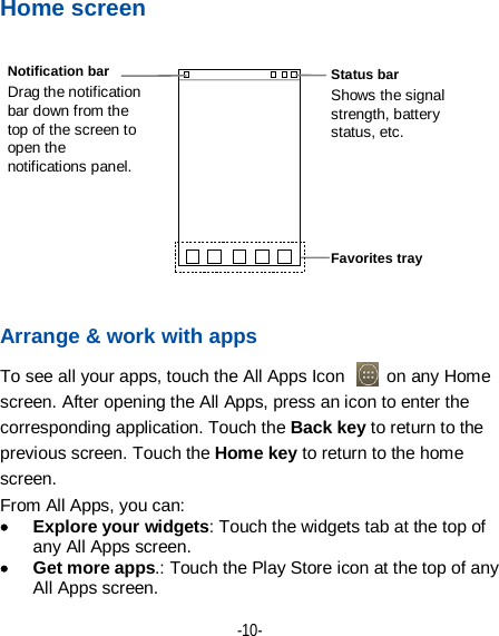  -10- Home screen  Arrange &amp; work with apps To see all your apps, touch the All Apps Icon   on any Home screen. After opening the All Apps, press an icon to enter the corresponding application. Touch the Back key to return to the previous screen. Touch the Home key to return to the home screen. From All Apps, you can: • Explore your widgets: Touch the widgets tab at the top of any All Apps screen. • Get more apps.: Touch the Play Store icon at the top of any All Apps screen. Favorites tray Status bar Shows the signal strength, battery status, etc. Notification bar Drag the notification bar down from the top of the screen to open the notifications panel. 