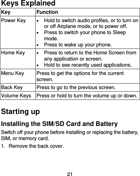 21 Keys Explained   Key Function Power Key   Hold to switch audio profiles, or to turn on or off Airplane mode, or to power off.  Press to switch your phone to Sleep mode.  Press to wake up your phone. Home Key   Press to return to the Home Screen from any application or screen.  Hold to see recently used applications. Menu Key  Press to get the options for the current screen. Back Key  Press to go to the previous screen. Volume Keys  Press or hold to turn the volume up or down. Starting up Installing the SIM/SD Card and Battery Switch off your phone before installing or replacing the battery, SIM, or memory card.   1.  Remove the back cover. 