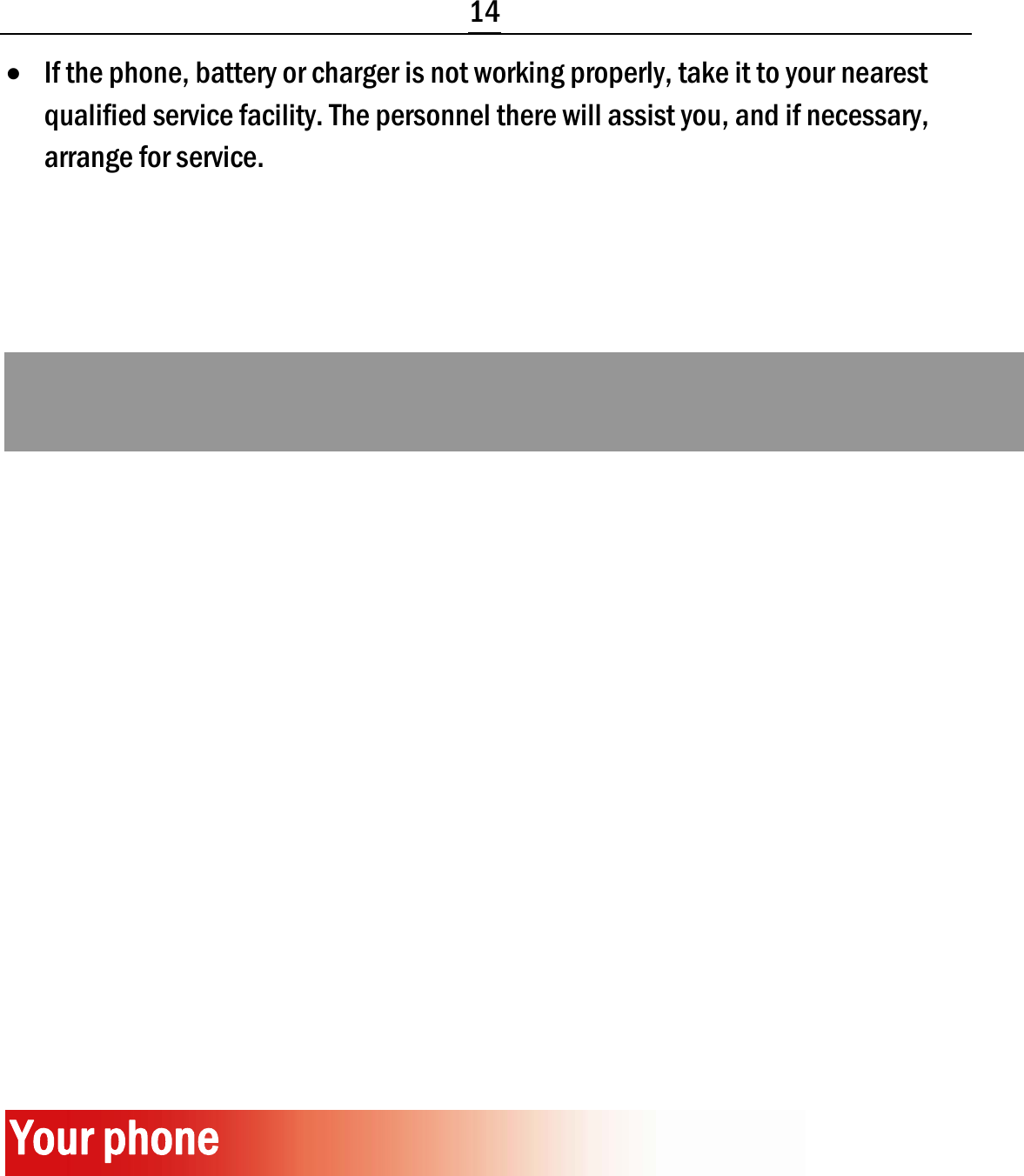  14 • If the phone, battery or charger is not working properly, take it to your nearest qualified service facility. The personnel there will assist you, and if necessary, arrange for service.                   Your phone  