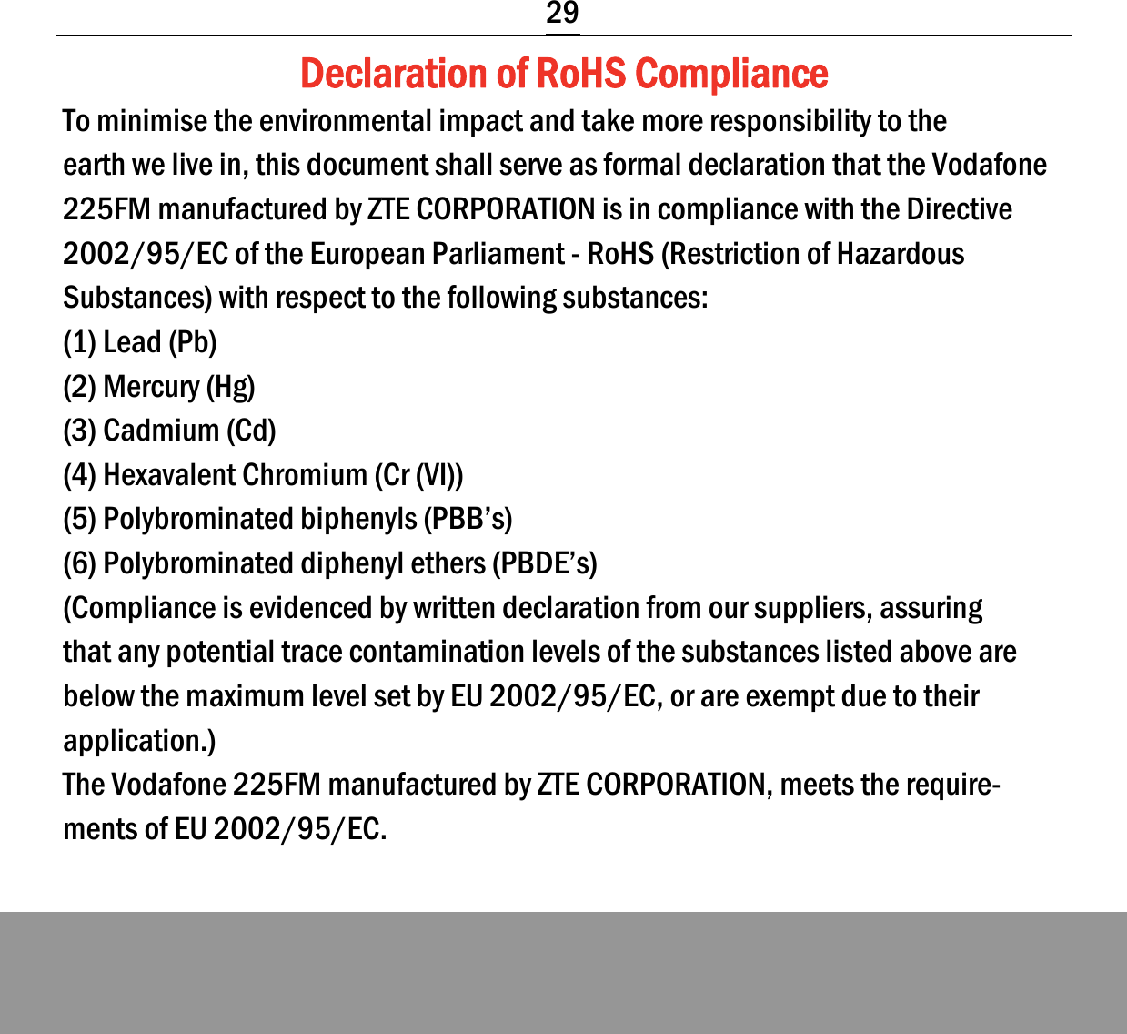  29 Declaration of RoHS Compliance To minimise the environmental impact and take more responsibility to the earth we live in, this document shall serve as formal declaration that the Vodafone 225FM manufactured by ZTE CORPORATION is in compliance with the Directive 2002/95/EC of the European Parliament - RoHS (Restriction of Hazardous Substances) with respect to the following substances: (1) Lead (Pb) (2) Mercury (Hg) (3) Cadmium (Cd) (4) Hexavalent Chromium (Cr (VI)) (5) Polybrominated biphenyls (PBB’s) (6) Polybrominated diphenyl ethers (PBDE’s) (Compliance is evidenced by written declaration from our suppliers, assuring that any potential trace contamination levels of the substances listed above are below the maximum level set by EU 2002/95/EC, or are exempt due to their application.) The Vodafone 225FM manufactured by ZTE CORPORATION, meets the require-ments of EU 2002/95/EC.           
