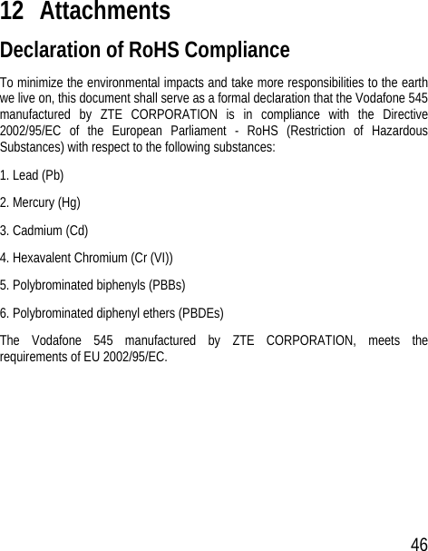 46 12 Attachments Declaration of RoHS Compliance To minimize the environmental impacts and take more responsibilities to the earth we live on, this document shall serve as a formal declaration that the Vodafone 545 manufactured by ZTE CORPORATION is in compliance with the Directive 2002/95/EC of the European Parliament - RoHS (Restriction of Hazardous Substances) with respect to the following substances: 1. Lead (Pb) 2. Mercury (Hg) 3. Cadmium (Cd) 4. Hexavalent Chromium (Cr (VI)) 5. Polybrominated biphenyls (PBBs) 6. Polybrominated diphenyl ethers (PBDEs) The Vodafone 545 manufactured by ZTE CORPORATION, meets the requirements of EU 2002/95/EC. 
