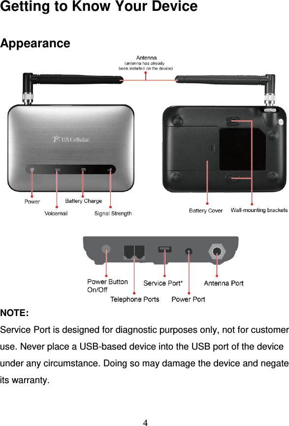                                     4 Getting to Know Your Device Appearance  NOTE: Service Port is designed for diagnostic purposes only, not for customer use. Never place a USB-based device into the USB port of the device under any circumstance. Doing so may damage the device and negate its warranty.   
