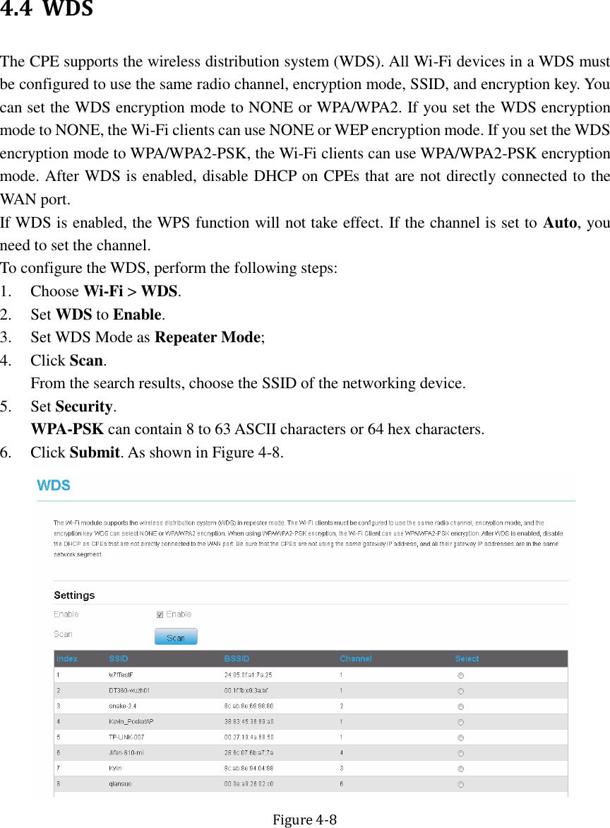  4.4 WDS The CPE supports the wireless distribution system (WDS). All Wi-Fi devices in a WDS must be configured to use the same radio channel, encryption mode, SSID, and encryption key. You can set the WDS encryption mode to NONE or WPA/WPA2. If you set the WDS encryption mode to NONE, the Wi-Fi clients can use NONE or WEP encryption mode. If you set the WDS encryption mode to WPA/WPA2-PSK, the Wi-Fi clients can use WPA/WPA2-PSK encryption mode. After WDS is enabled, disable DHCP on CPEs that are not directly connected to the WAN port. If WDS is enabled, the WPS function will not take effect. If the channel is set to Auto, you need to set the channel. To configure the WDS, perform the following steps: 1. Choose Wi-Fi &gt; WDS. 2. Set WDS to Enable. 3. Set WDS Mode as Repeater Mode; 4. Click Scan. From the search results, choose the SSID of the networking device. 5. Set Security. WPA-PSK can contain 8 to 63 ASCII characters or 64 hex characters. 6. Click Submit. As shown in Figure 4-8.  Figure 4-8 