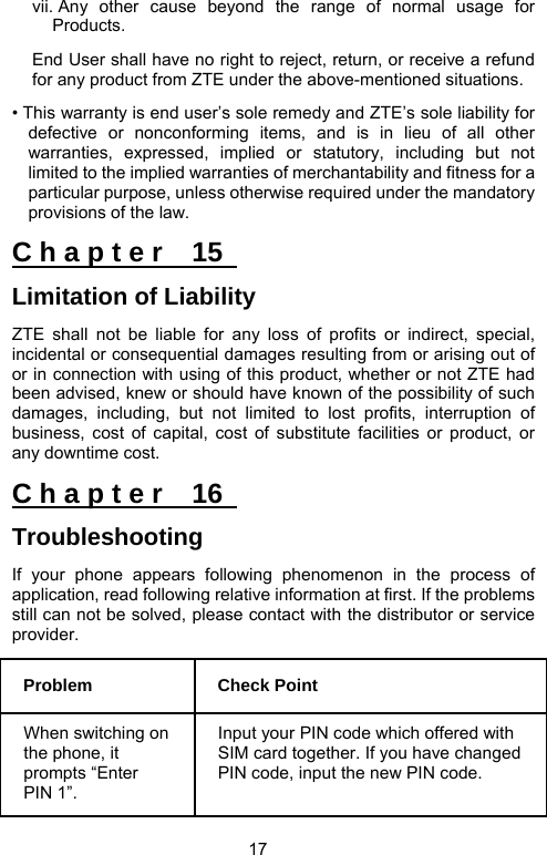                               17 vii. Any other cause beyond the range of normal usage for Products.  End User shall have no right to reject, return, or receive a refund for any product from ZTE under the above-mentioned situations.   • This warranty is end user’s sole remedy and ZTE’s sole liability for defective or nonconforming items, and is in lieu of all other warranties, expressed, implied or statutory, including but not limited to the implied warranties of merchantability and fitness for a particular purpose, unless otherwise required under the mandatory provisions of the law. C h a p t e r    15   Limitation of Liability ZTE shall not be liable for any loss of profits or indirect, special, incidental or consequential damages resulting from or arising out of or in connection with using of this product, whether or not ZTE had been advised, knew or should have known of the possibility of such damages, including, but not limited to lost profits, interruption of business, cost of capital, cost of substitute facilities or product, or any downtime cost. C h a p t e r    16   Troubleshooting If your phone appears following phenomenon in the process of application, read following relative information at first. If the problems still can not be solved, please contact with the distributor or service provider. Problem Check Point When switching on the phone, it prompts “Enter PIN 1”. Input your PIN code which offered with SIM card together. If you have changed PIN code, input the new PIN code. 