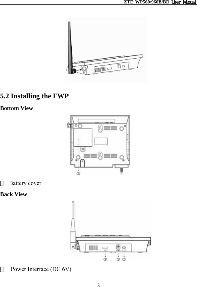                                                    ZTE WP560/960B/BD User Manual   5.2 Installing the FWP Bottom View  ① Battery cover Back View  ①  Power Interface (DC 6V) 8 