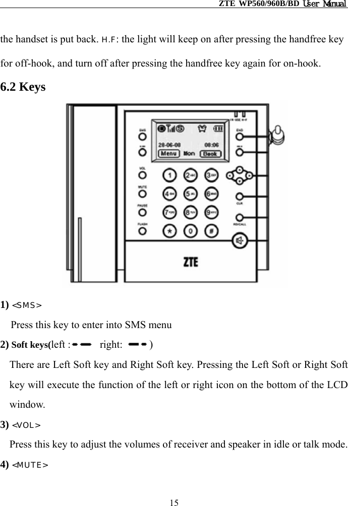                                                    ZTE WP560/960B/BD User Manual  the handset is put back. H.F: the light will keep on after pressing the handfree key for off-hook, and turn off after pressing the handfree key again for on-hook. 6.2 Keys  1) &lt;SMS&gt;   Press this key to enter into SMS menu 2) Soft keys(left :  right:  ) There are Left Soft key and Right Soft key. Pressing the Left Soft or Right Soft key will execute the function of the left or right icon on the bottom of the LCD window. 3) &lt;VOL&gt; Press this key to adjust the volumes of receiver and speaker in idle or talk mode. 4) &lt;MUTE&gt;  15 