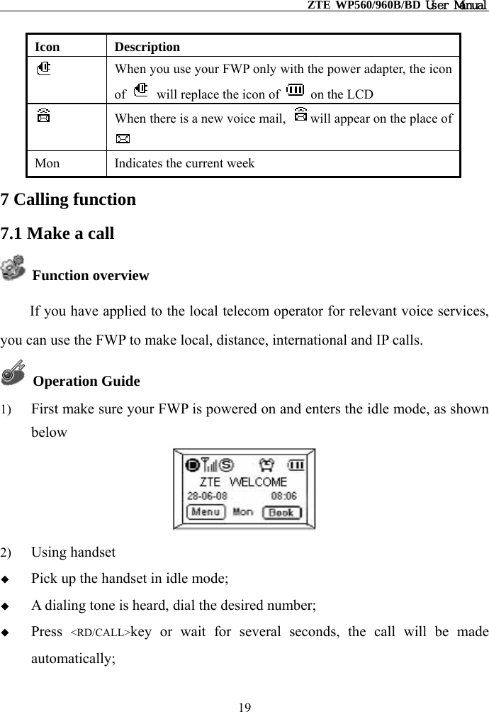                                                    ZTE WP560/960B/BD User Manual  Icon Description  When you use your FWP only with the power adapter, the icon of    will replace the icon of    on the LCD  When there is a new voice mail,  will appear on the place of   Mon  Indicates the current week 7 Calling function 7.1 Make a call  Function overview If you have applied to the local telecom operator for relevant voice services, you can use the FWP to make local, distance, international and IP calls.  Operation Guide 1)  First make sure your FWP is powered on and enters the idle mode, as shown below   2)  Using handset   Pick up the handset in idle mode;   A dialing tone is heard, dial the desired number;   Press  &lt;RD/CALL&gt;key or wait for several seconds, the call will be made automatically; 19 