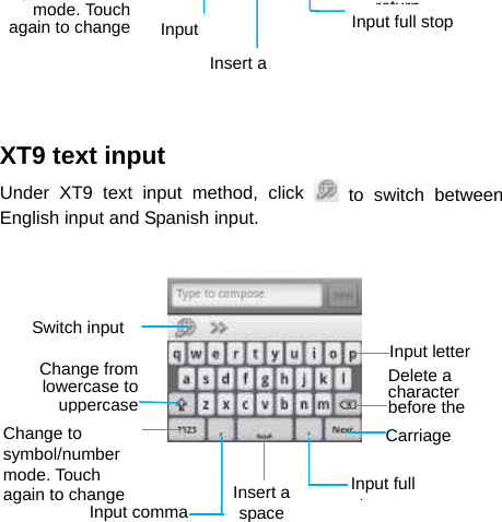     XT9 text input Under XT9 text input method, click   to switch between English input and Spanish input.            Insert a returnInput full stopInput ymode. Touchagain to changeSwitch input Input letterChange to symbol/number mode. Touch again to change Delete a character before the Carriage Insert a spaceInput commaInput full tChange fromlowercase touppercase