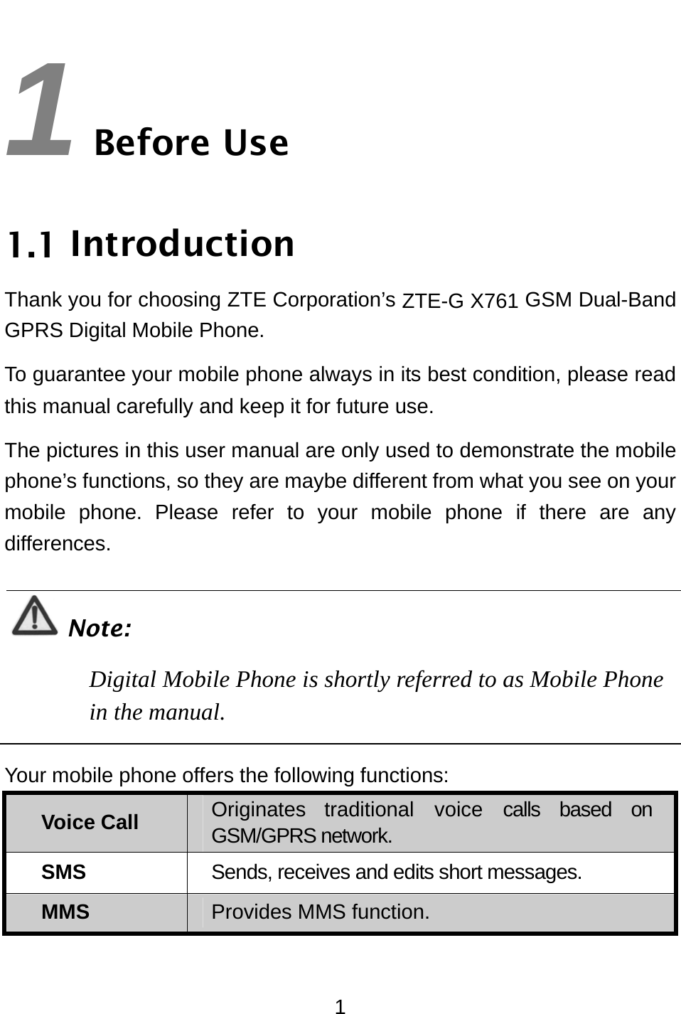 1 1 Before Use 1.1 Introduction Thank you for choosing ZTE Corporation’s ZTE-G X761 GSM Dual-Band GPRS Digital Mobile Phone. To guarantee your mobile phone always in its best condition, please read this manual carefully and keep it for future use. The pictures in this user manual are only used to demonstrate the mobile phone’s functions, so they are maybe different from what you see on your mobile phone. Please refer to your mobile phone if there are any differences.  Note: Digital Mobile Phone is shortly referred to as Mobile Phone in the manual.  Your mobile phone offers the following functions: Voice Call  Originates traditional voice calls based on GSM/GPRS network. SMS  Sends, receives and edits short messages. MMS  Provides MMS function. 