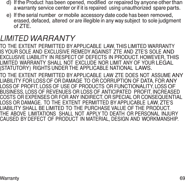 Warranty 69   d) If the Product has been opened, modified or repaired by anyone other than a warranty service center or if it is repaired  using unauthorized spare parts. e) If the serial number or mobile accessory date code has been removed, erased, defaced, altered or are illegible in any way subject to sole judgment of ZTE.  LIMITED WARRANTY TO THE EXTENT PERMITTED BY APPLICABLE LAW, THIS LIMITED WARRANTY IS YOUR SOLE AND EXCLUSIVE REMEDY AGAINST  ZTE AND ZTE’S SOLE AND EXCLUSIVE LIABILITY IN RESPECT OF DEFECTS IN PRODUCT. HOWEVER, THIS LIMITED WARRANTY SHALL NOT EXCLUDE NOR LIMIT ANY OF YOUR LEGAL (STATUTORY) RIGHTS UNDER THE APPLICABLE NATIONAL LAWS. TO THE EXTENT PERMITTED BY APPLICABLE  LAW ZTE DOES NOT  ASSUME ANY LIABILITY FOR LOSS OF OR DAMAGE TO OR CORRUPTION OF DATA, FOR ANY LOSS OF PROFIT, LOSS OF USE OF PRODUCTS OR FUNCTIONALITY, LOSS OF BUSINESS, LOSS OF REVENUES OR LOSS OF ANTICIPATED PROFIT, INCREASED COSTS OR EXPENSES OR FOR ANY INDIRECT, OR SPECIAL OR CONSEQUENTIAL LOSS OR DAMAGE. TO THE EXTENT PERMITTED BY APPLICABLE LAW, ZTE’S LIABILITY SHALL BE LIMITED TO THE PURCHASE VALUE OF THE PRODUCT. THE ABOVE  LIMITATIONS  SHALL  NOT  APPLY TO DEATH OR PERSONAL INJURY CAUSED BY DEFECT OF PRODUCT IN MATERIAL, DESIGN AND WORKMANSHIP. 